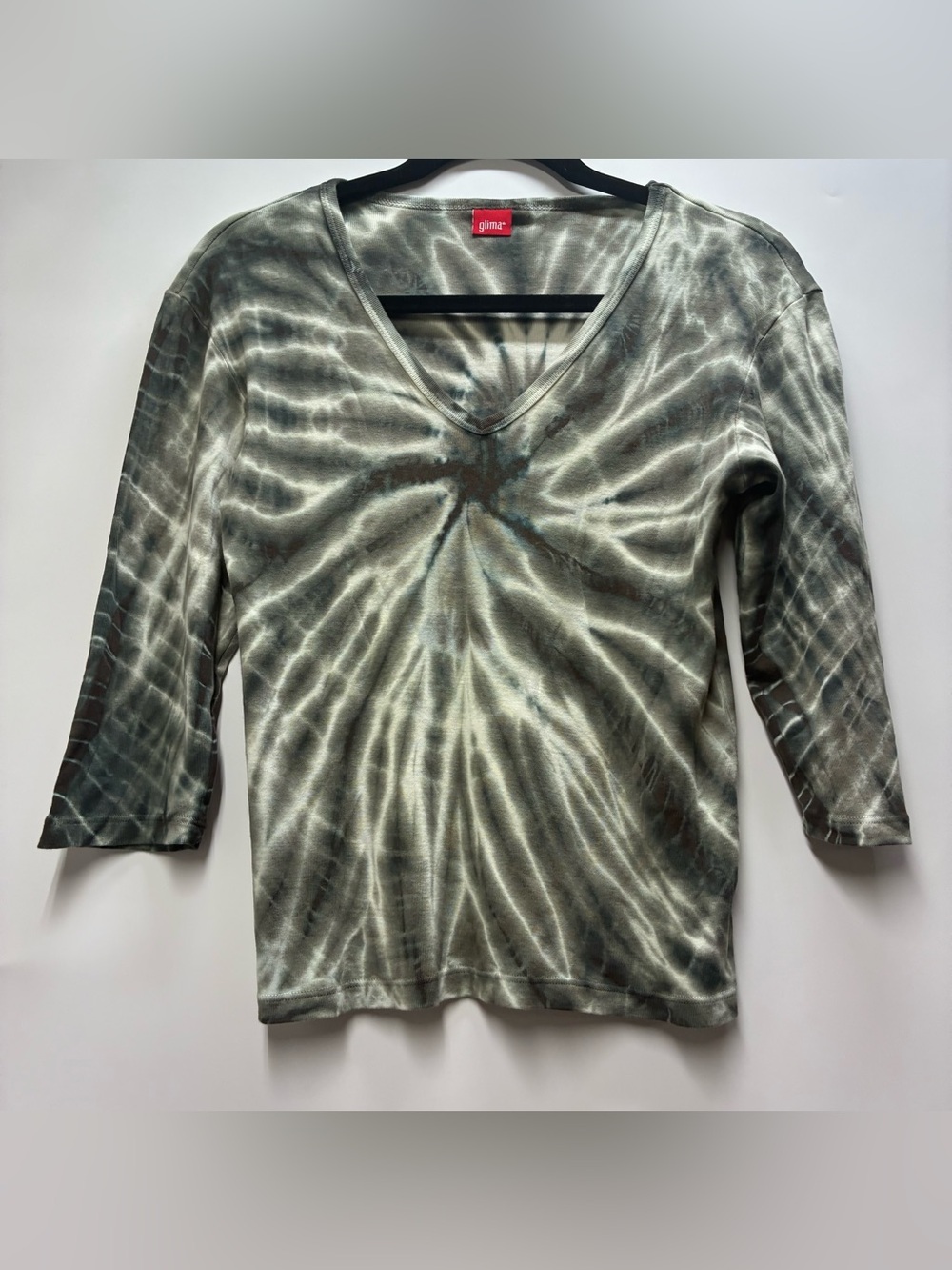 Vintage Y2K Glima Medium Gray Tie Die V Neck Top 3/4 Sleeve Hippie Cotton